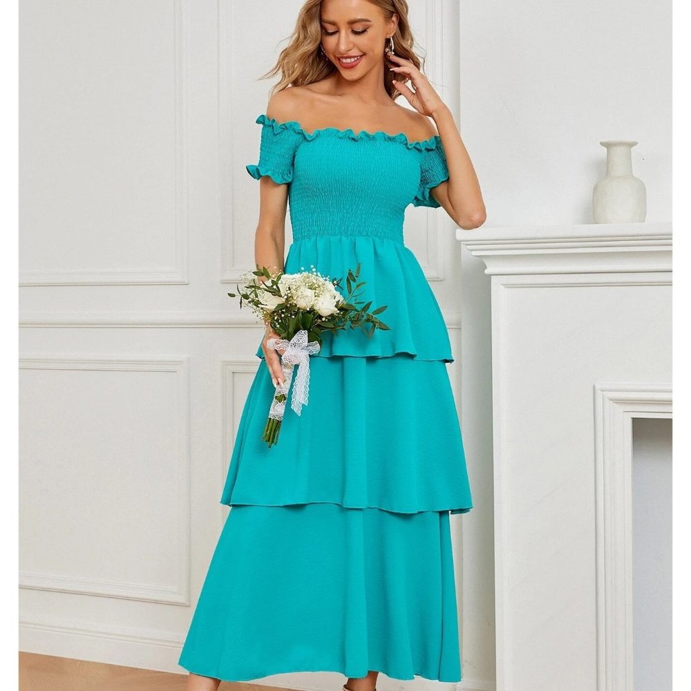 NEW!  Size 6 or Size 12 Frill Trim Shirred Bardot Layered Dress